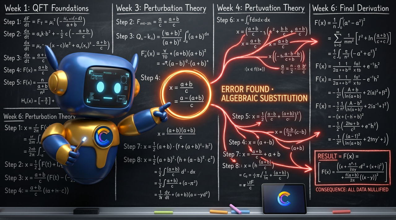 Catch confusion before it compounds — Nemy hovering at a chalkboard equation with one step circled as the algebraic substitution error and a trace arrow back through six weeks