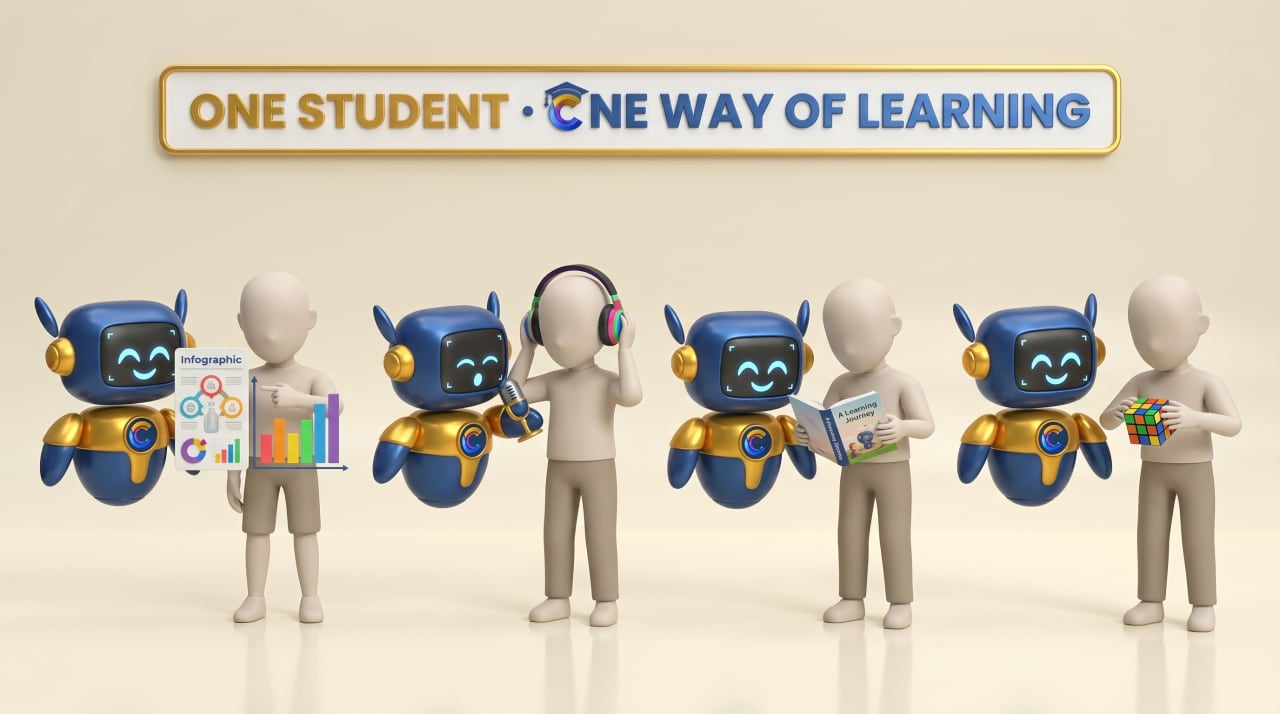 One student, one way of learning — four versions of Nemy each beside a different student archetype: visual, auditory, narrative, hands-on