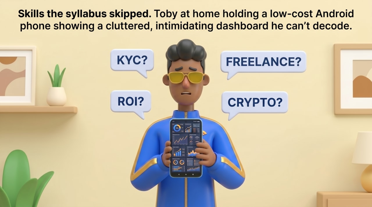 Skills the syllabus skipped — Toby with a low-cost Android showing a cluttered dashboard and floating callouts: KYC, ROI, freelance, crypto