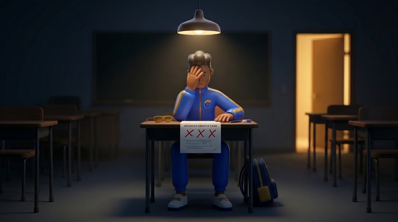 Mistakes punished — Toby alone at a desk under a single moody light with an exam paper marked in red across the top