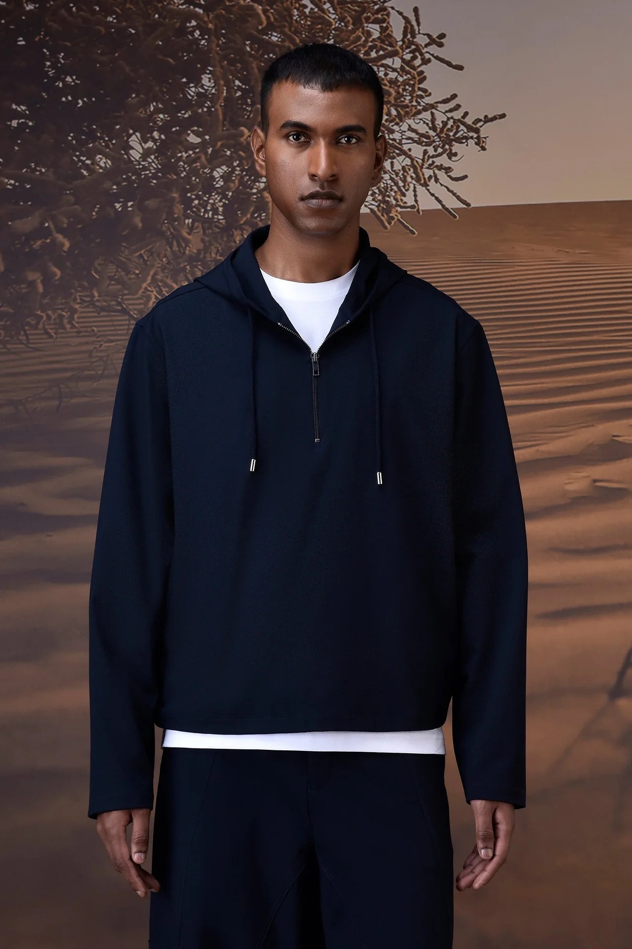 Genes Lecoanet Hemant Men's Navy Poly Viscose Lycra Half-Zip Hoodie