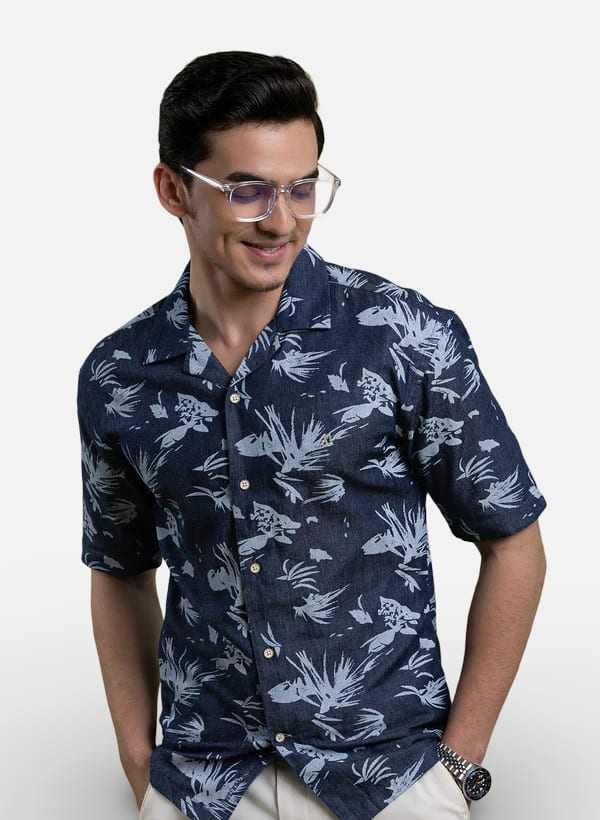 Mannerism Men's Ocean Print Denim Comfort Fit Shirt