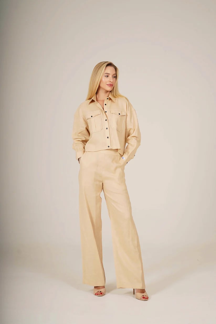 Mazarine Linen Pant With Elastic Belt SOFIA - Beige