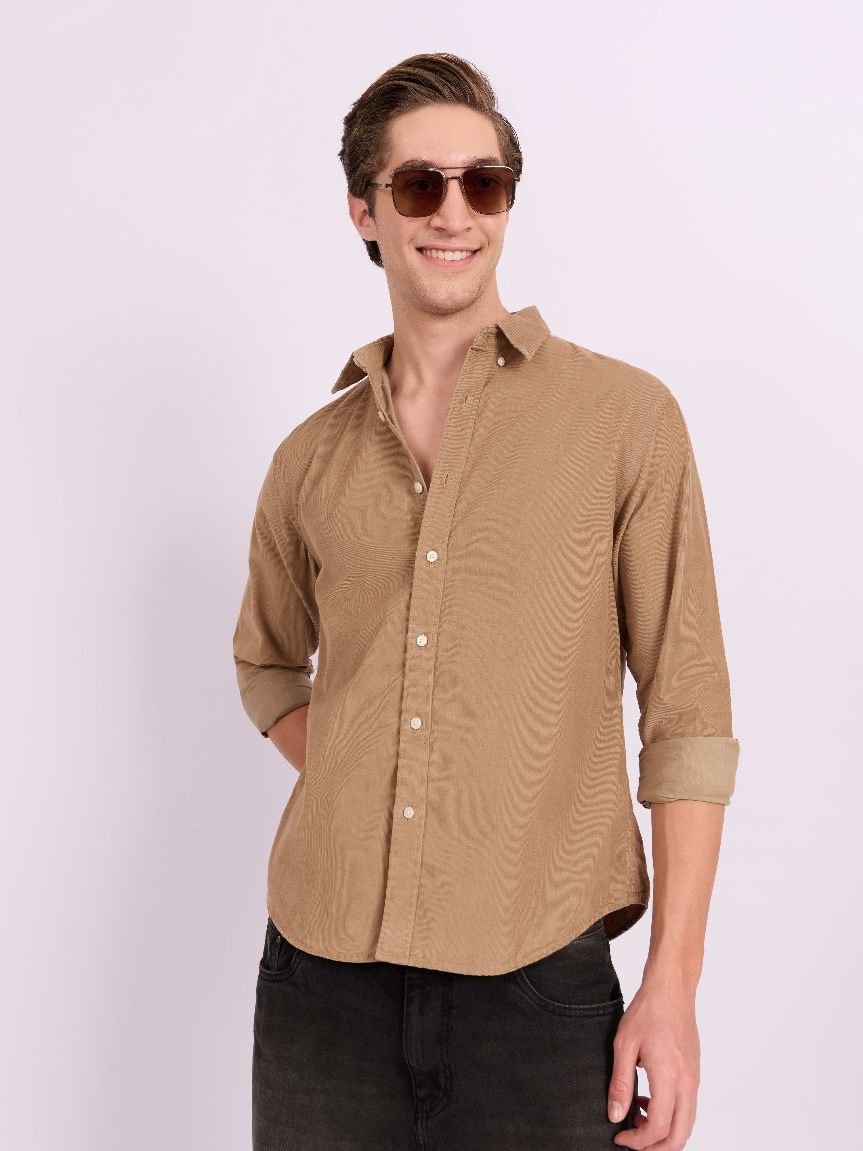 Espanshe Men Relaxed Corduroy Shirt - Beige
