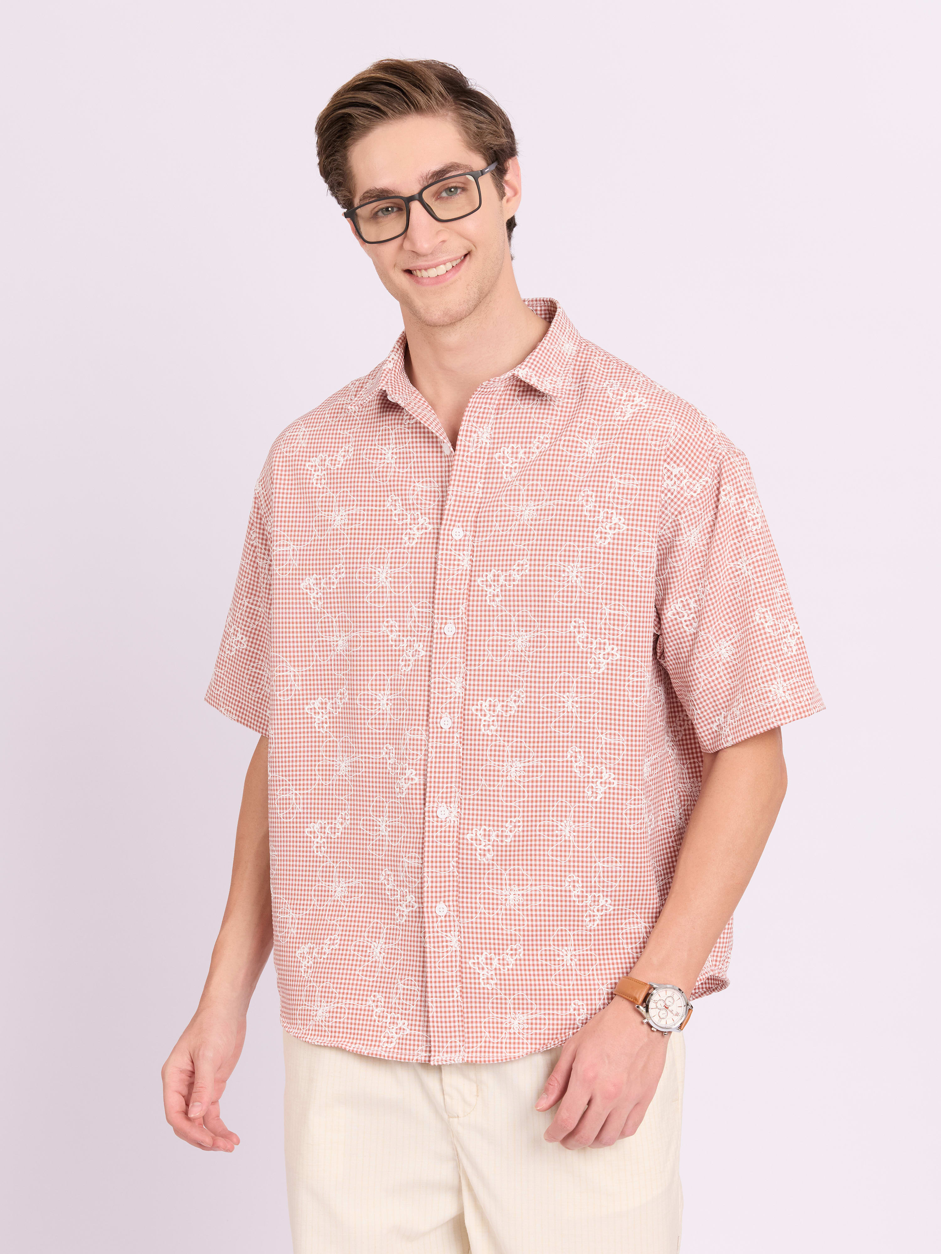 Espanshe Embroided Half Sleeve Check Shirt - Pink