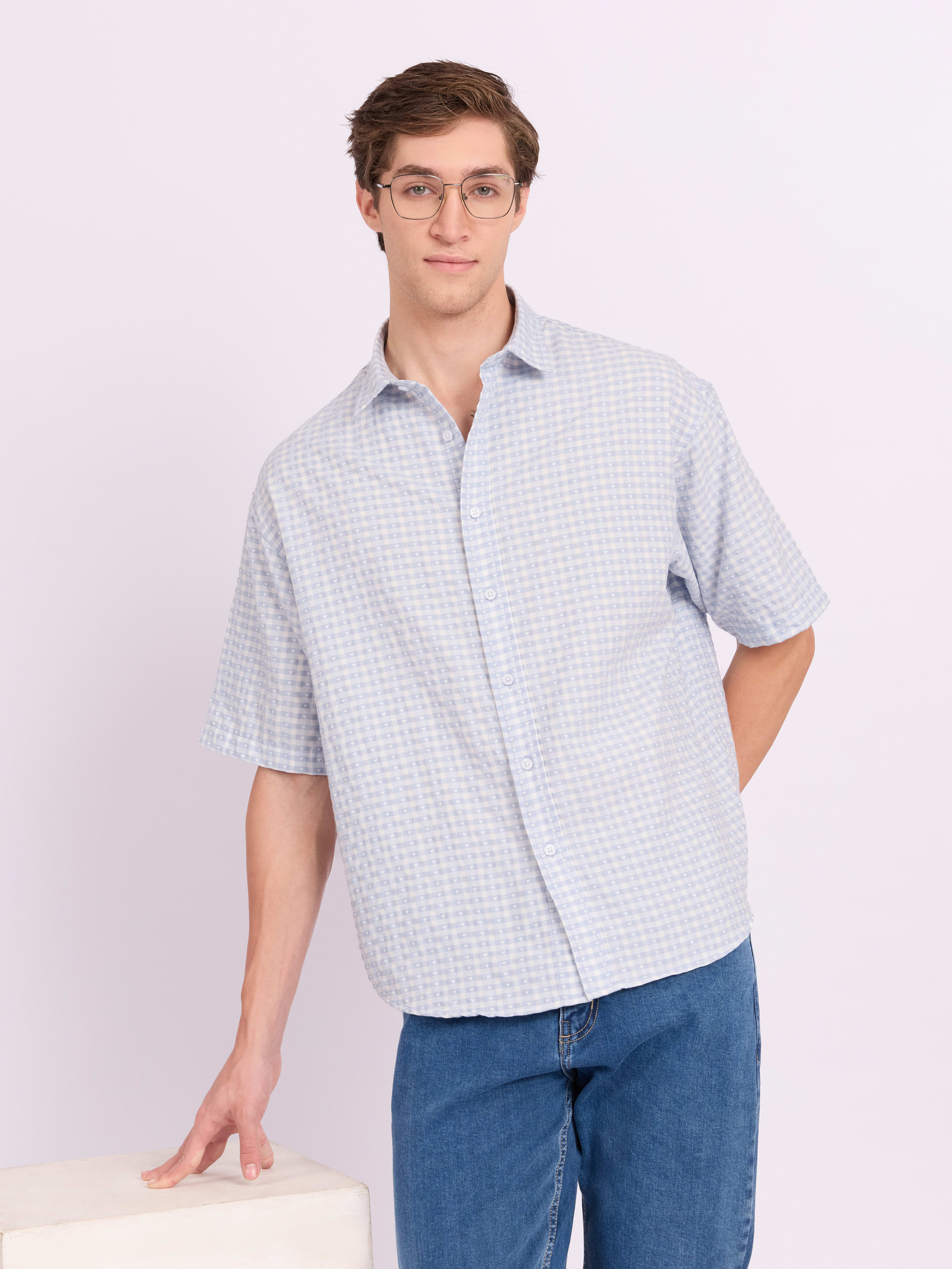 Espanshe Embroided Half Sleeve Check Shirt - Blue