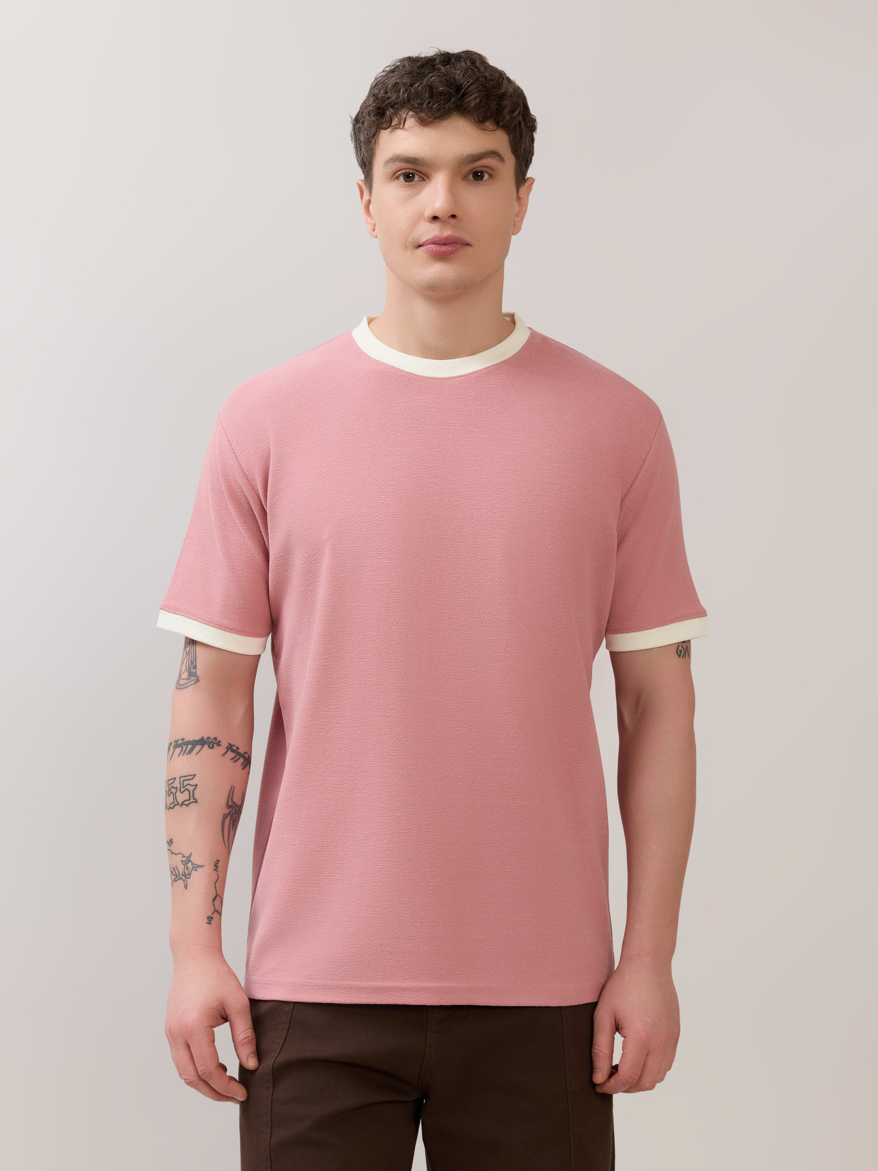 Espanshe Men Round Neck Regular Fit T-Shirt - Pink