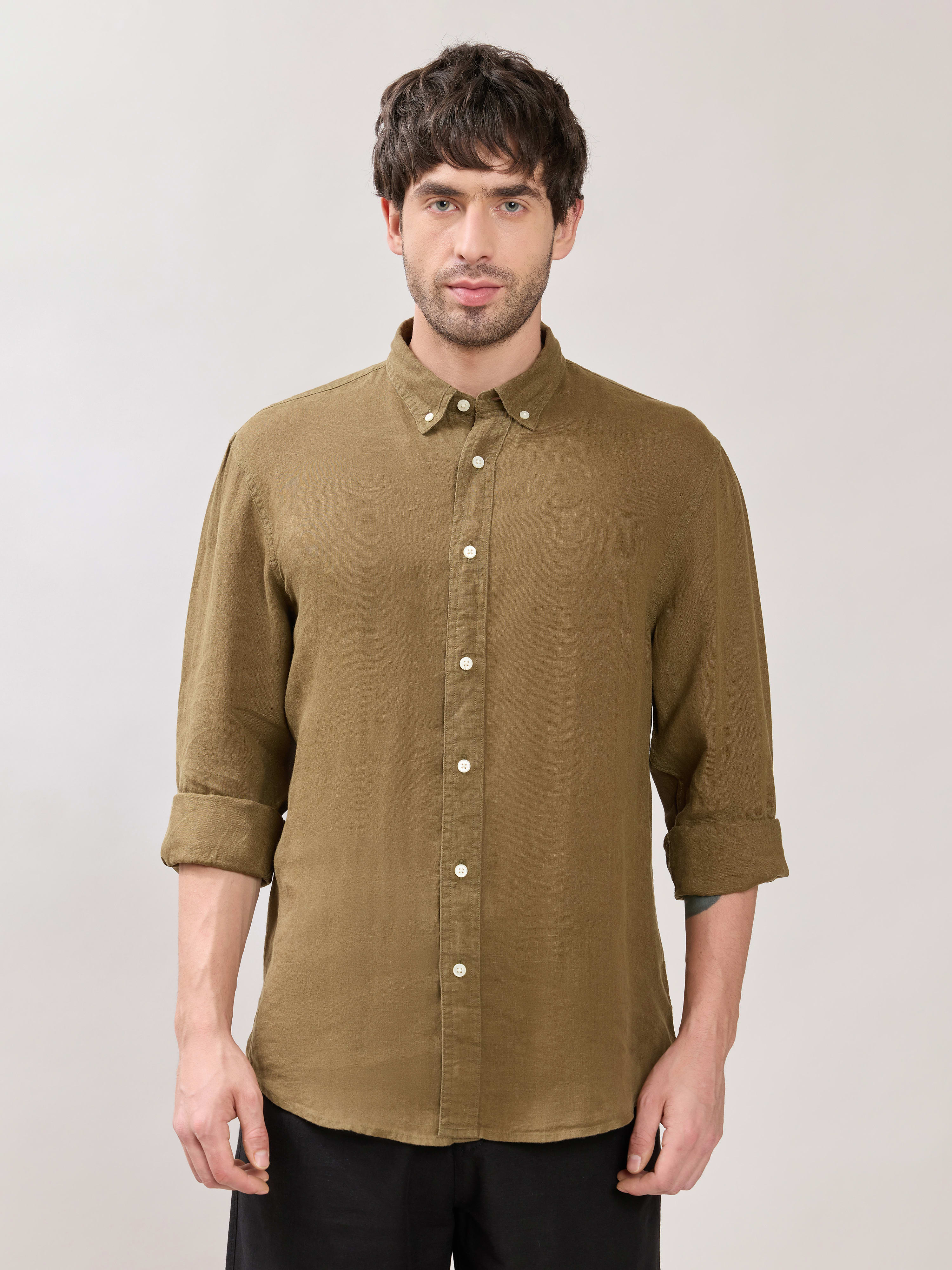 Espanshe Men Button-Down Linen Shirt - Olive