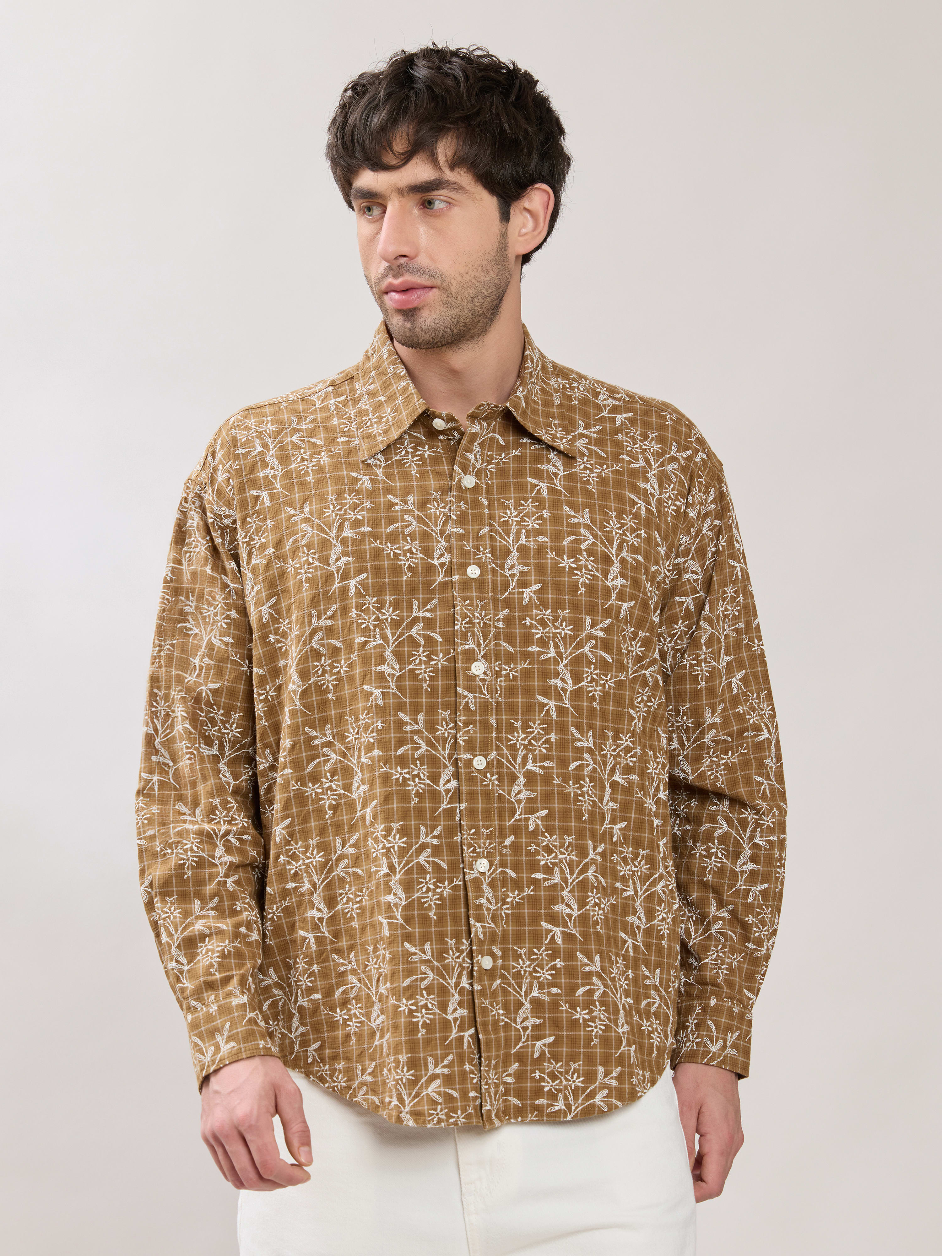 Espanshe Men Embroidered Checks Drop Shoulder Shirt - Beige