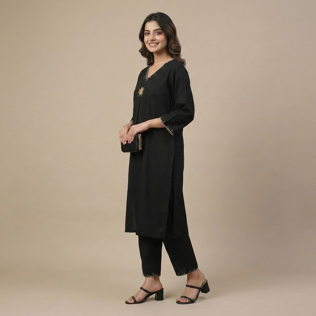 Midnight Sun: Embroidered Black A-Line Co-ord Set