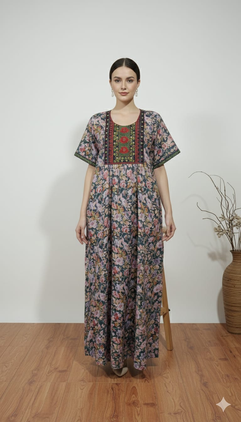 Maison Emarat Women’s Floral Print Cotton Jalabiya - Green-Multi