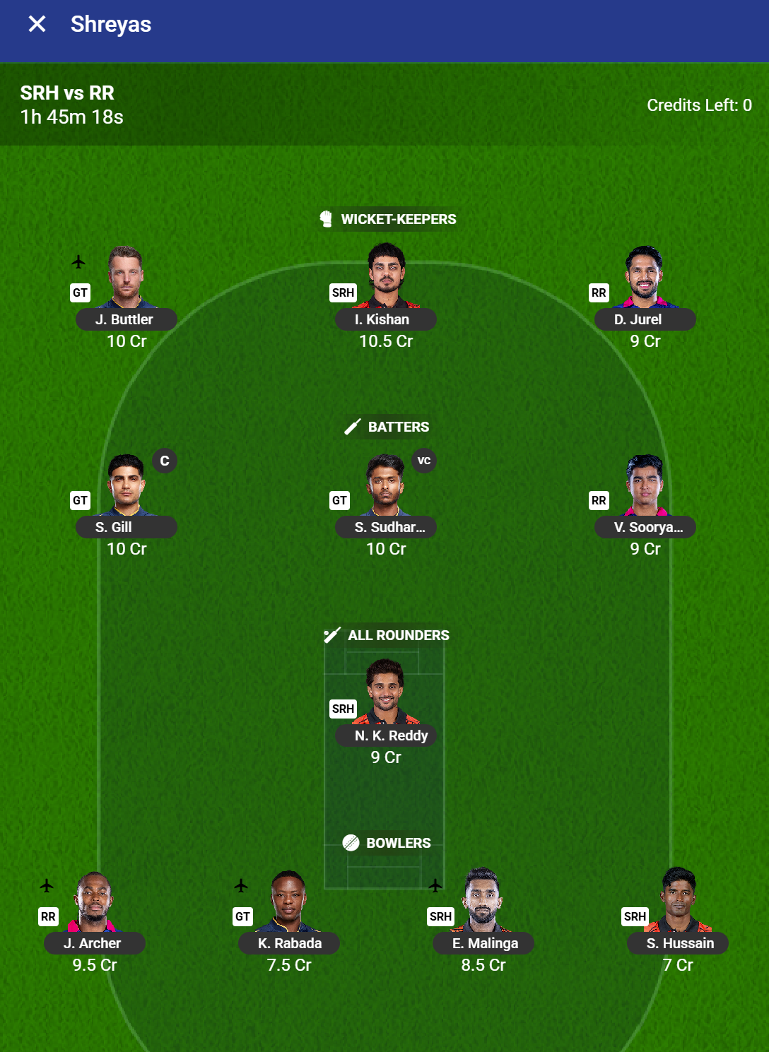 SRH vs RR Match 72 Team