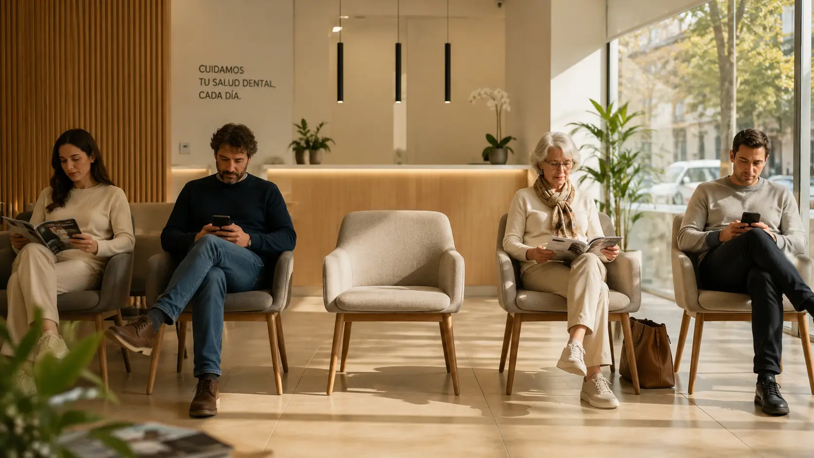 Sala de espera de una clínica con una silla vacía junto a las demás ocupadas