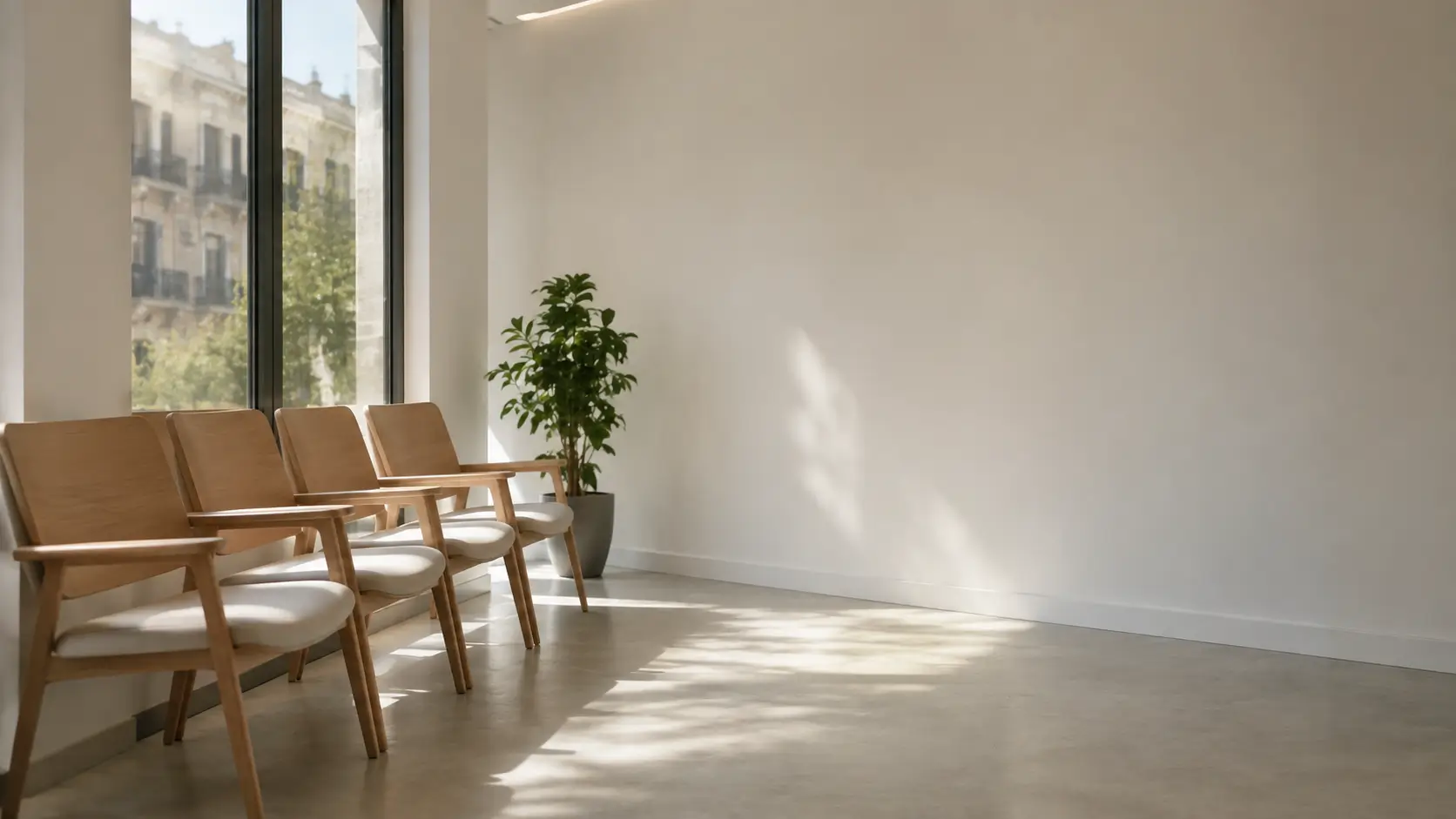 Sala de espera vacía de una clínica en Barcelona con luz de mañana