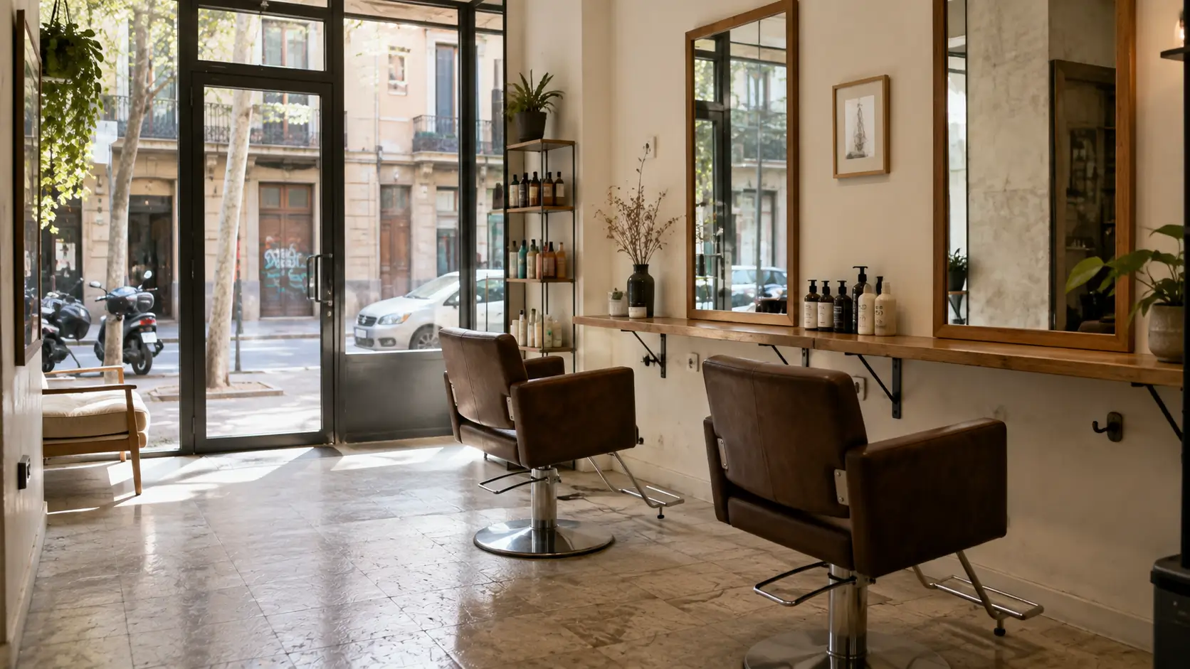 Interior de una peluquería de barrio en Barcelona con dos sillones vacíos y luz natural