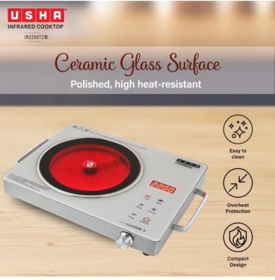USHA IR2200TCW Infrared Induction Cooktop with grill | 2200 Watts | 11 Power Level | 4 Preset Menu | Feather Touch Controls | Digital display | 1 Year Warranty| White|