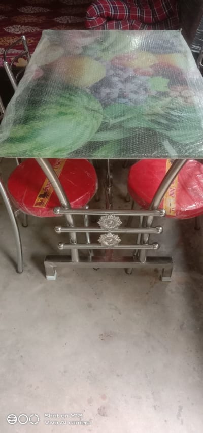 Steel Dining with glass and 4 steel chair