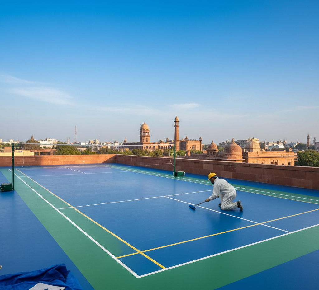 outdoor badminton court under construction in Lucknow, workers applying synthetic flooring and marking lines, showcasing a modern, professional sports facility ready for players, with a vibrant and realistic court design.