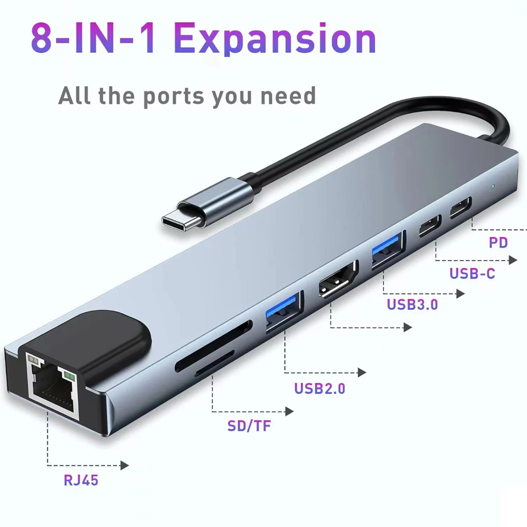 8-in-1 USB C Hub Multiport Adapter | 4K HDMI, Ethernet & 100W PD - City Sounds Nairobi