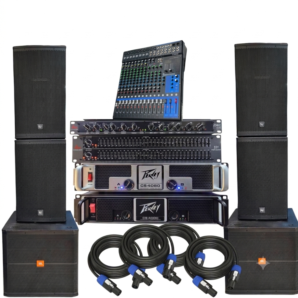 A complete professional audio setup featuring dual subwoofers, four mid-top speakers, a mixing console, dual power amplifiers, equalizers, and speakon cables - City Sounds Nairobi