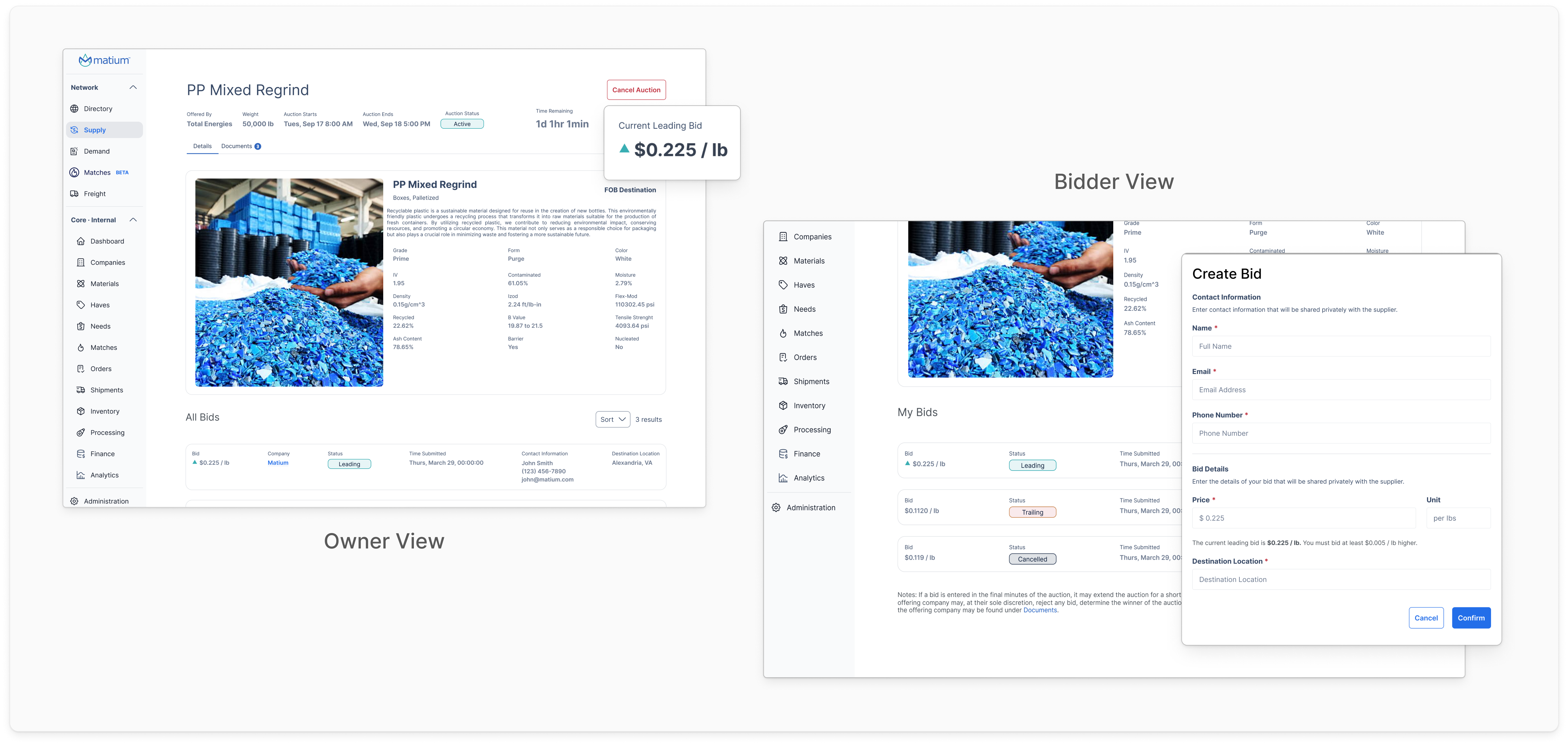 Owner and bidder views