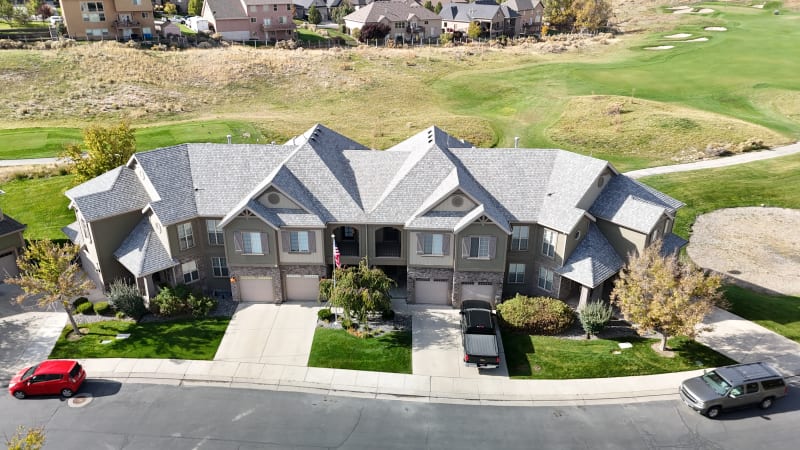 Aerial view of completed roofing project