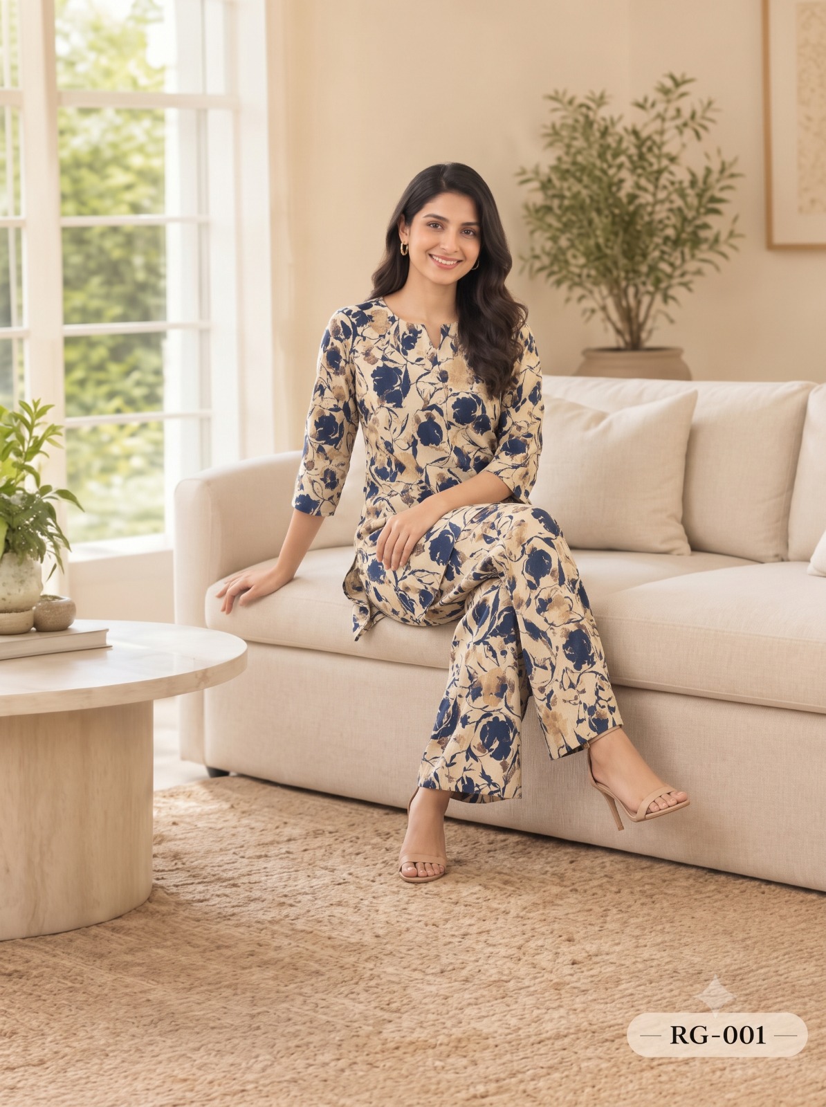Beige & Navy Floral Print Co-ord Set