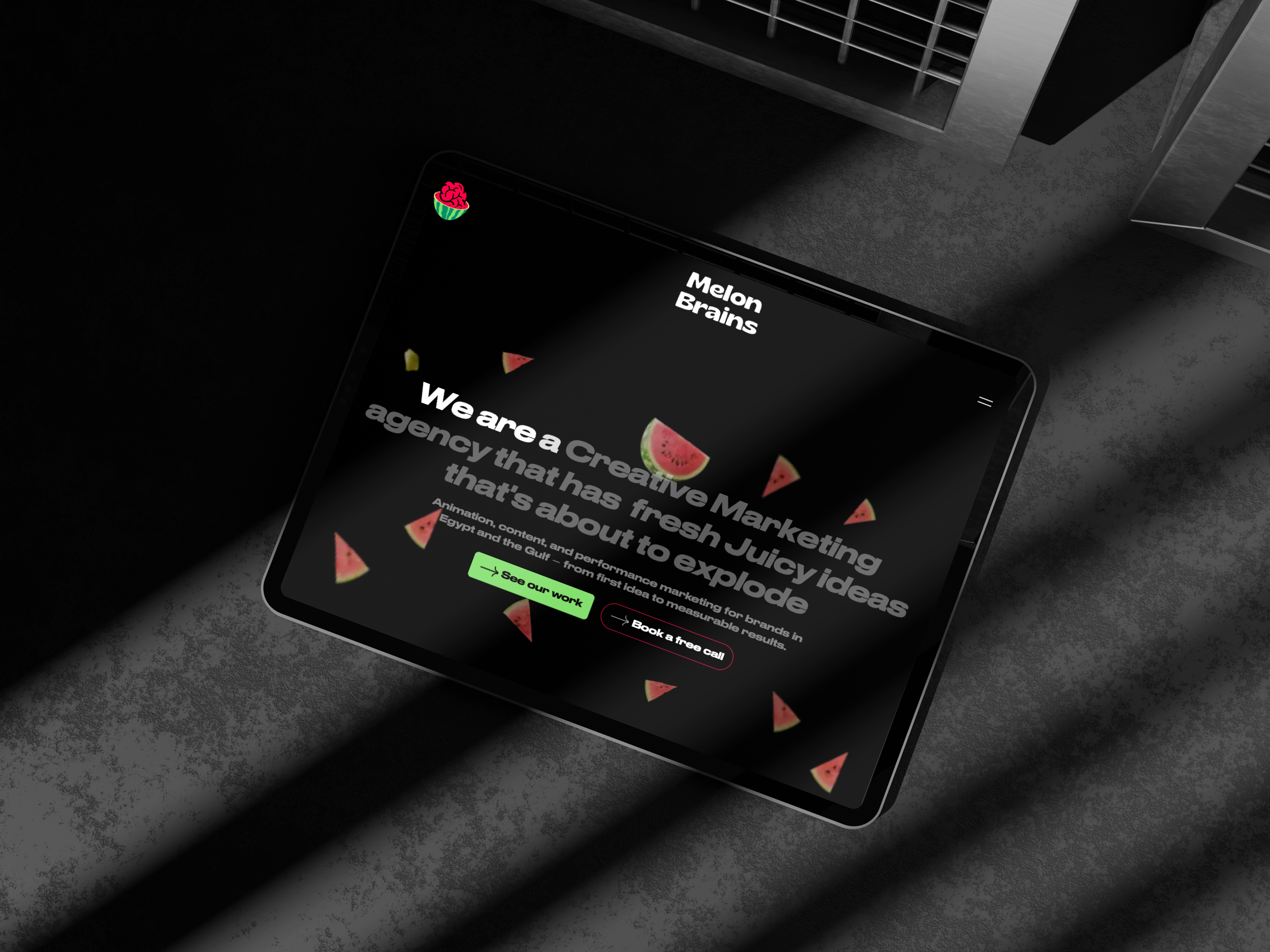 Melon Brains website homepage displayed on a tablet mockup