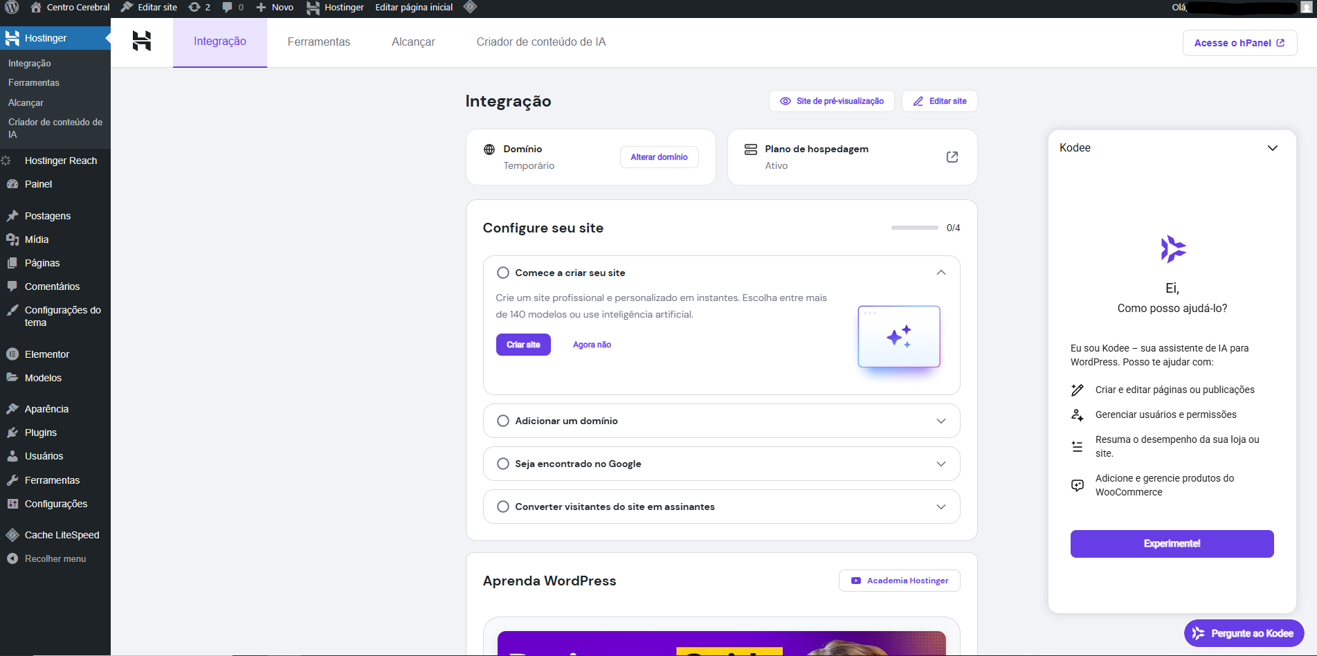 Painel do WordPress sendo utilizado para criação de site