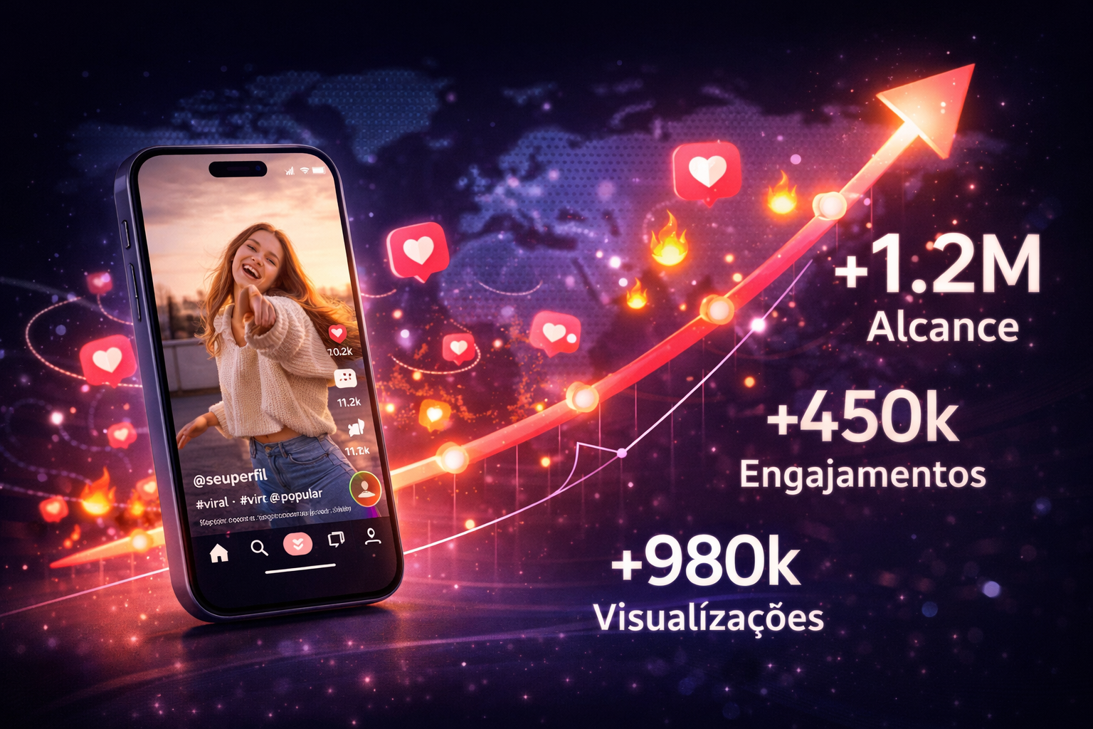 Gráfico de crescimento e alcance de vídeos curtos nas redes sociais
