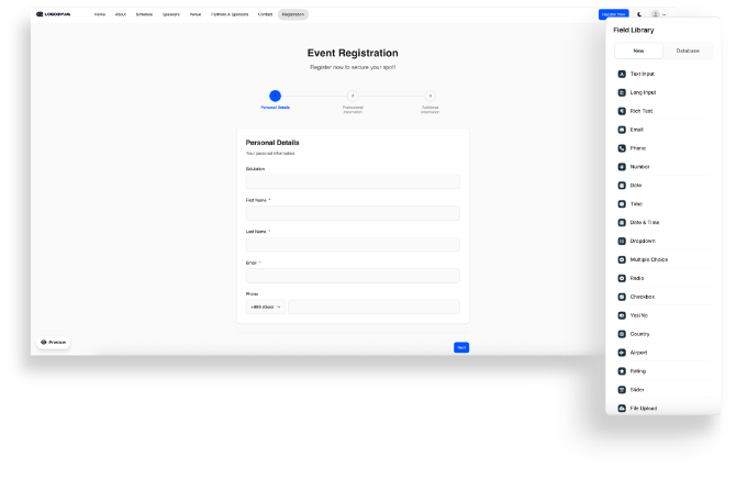 Event registration form builder in Meetingbox Live with conditional logic and step-based form options