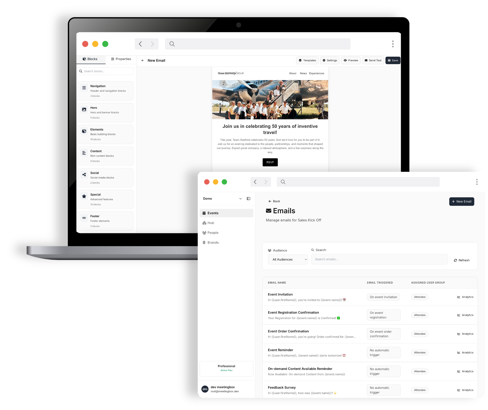 Email campaign and reminder workflow screen for branded post-registration communications in Meetingbox Live
