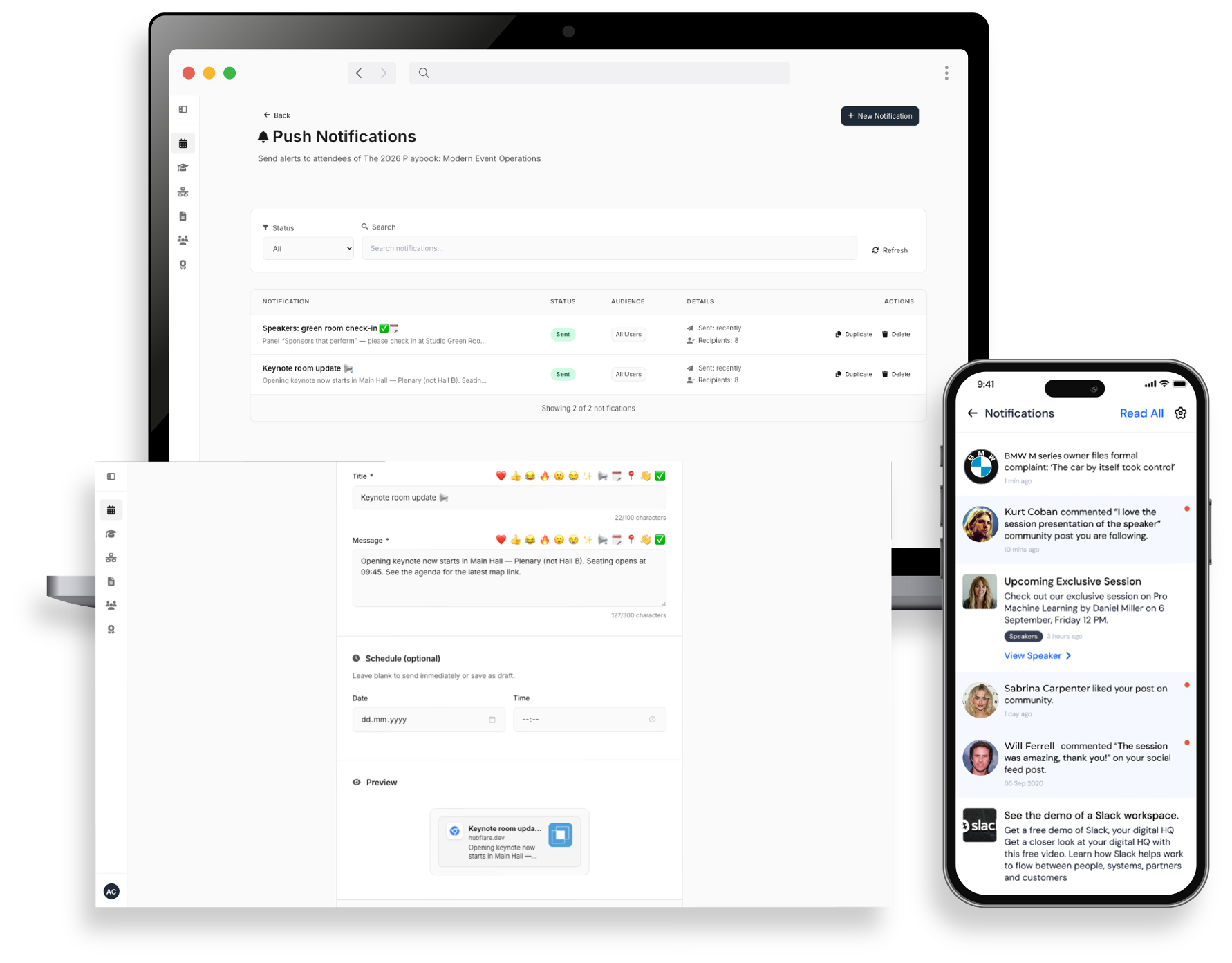 Push notification reminder screen for day-of event reminders in Meetingbox Live