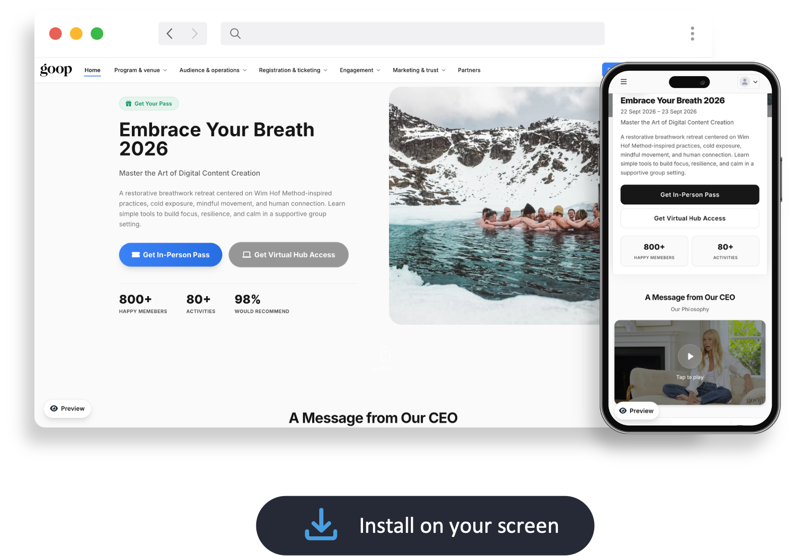 Installable event app preview for Meetingbox hubs