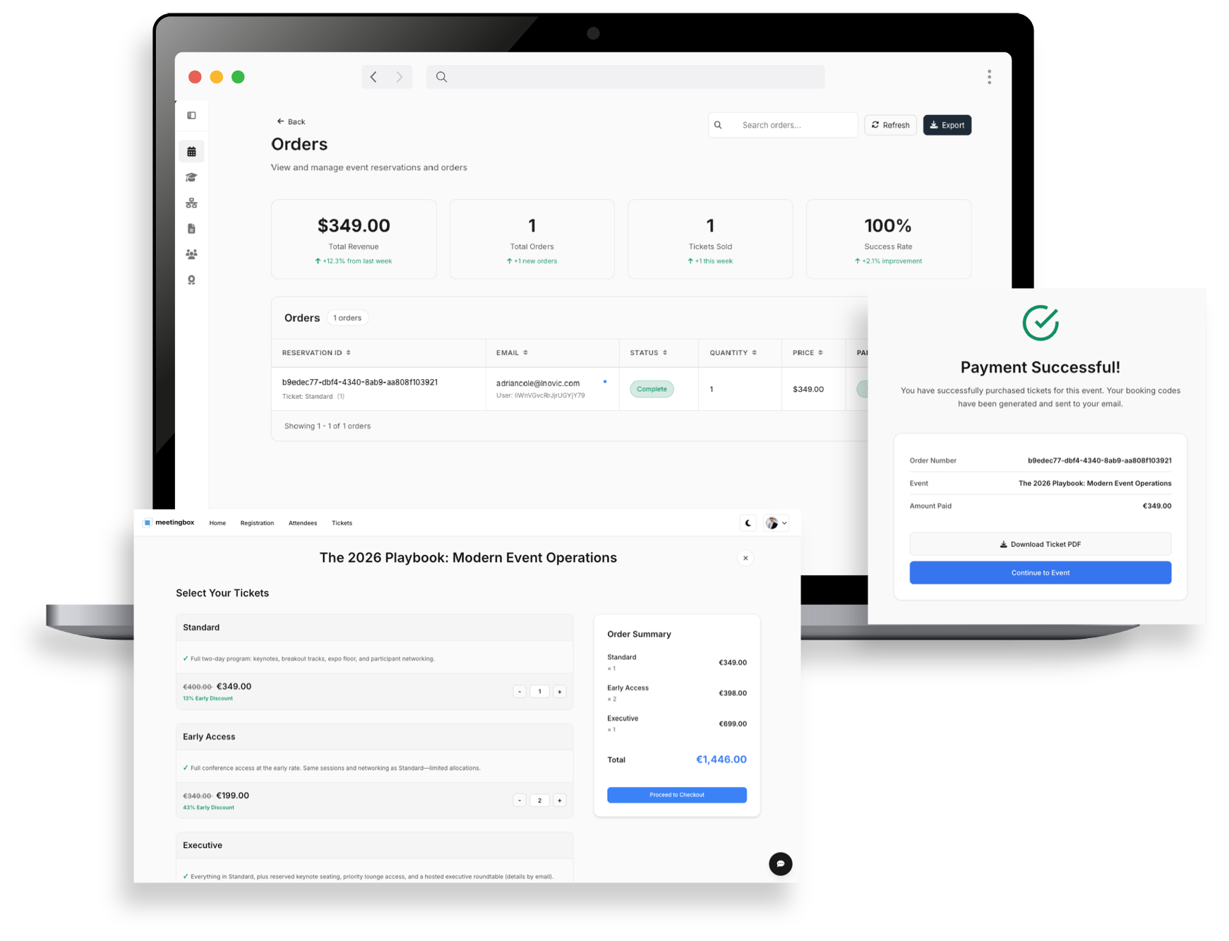 Orders and payments view for Meetingbox events