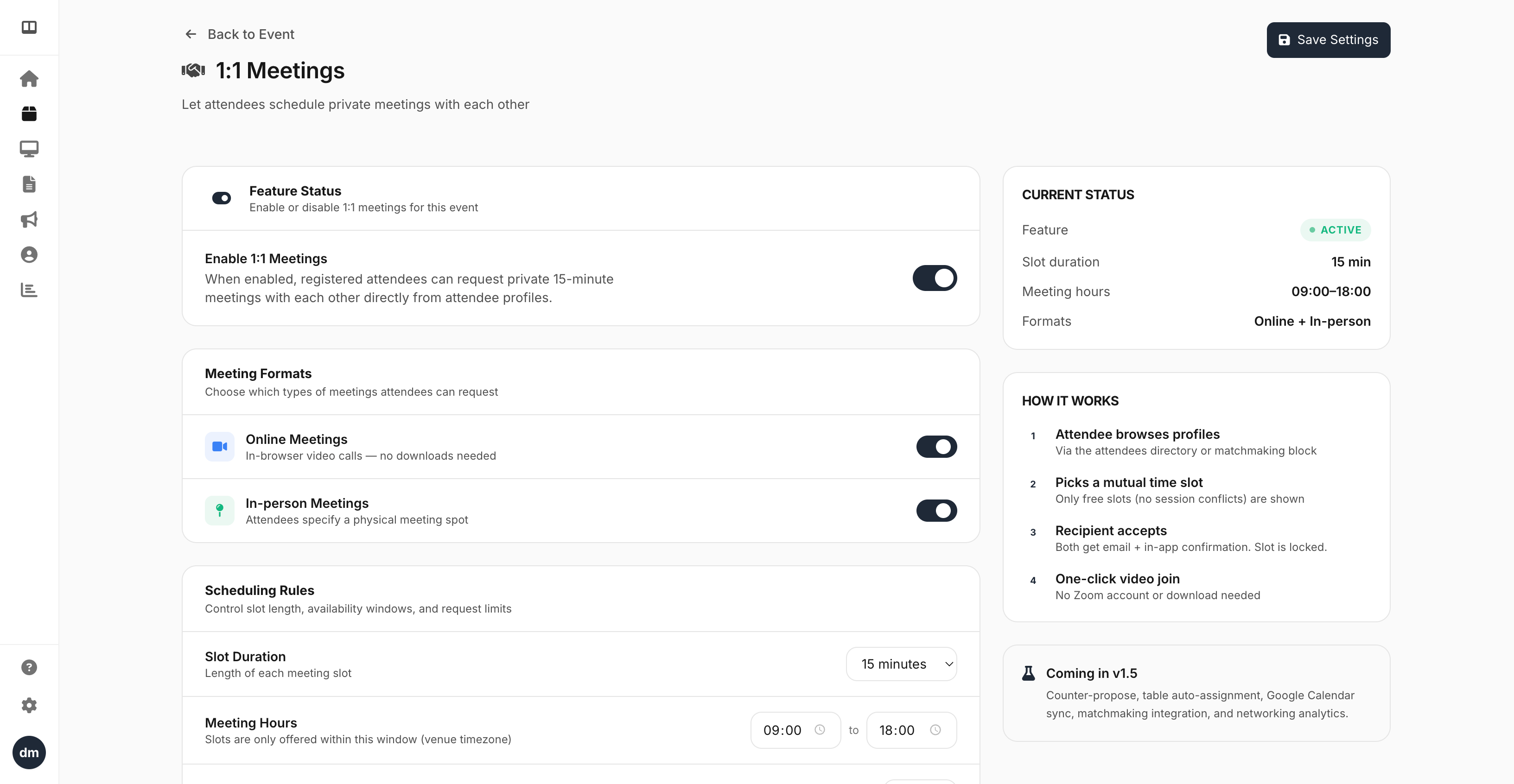 Meeting coordination and 1:1 meetings for Meetingbox events