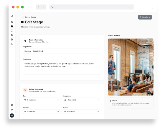 Stage configuration for Meetingbox events