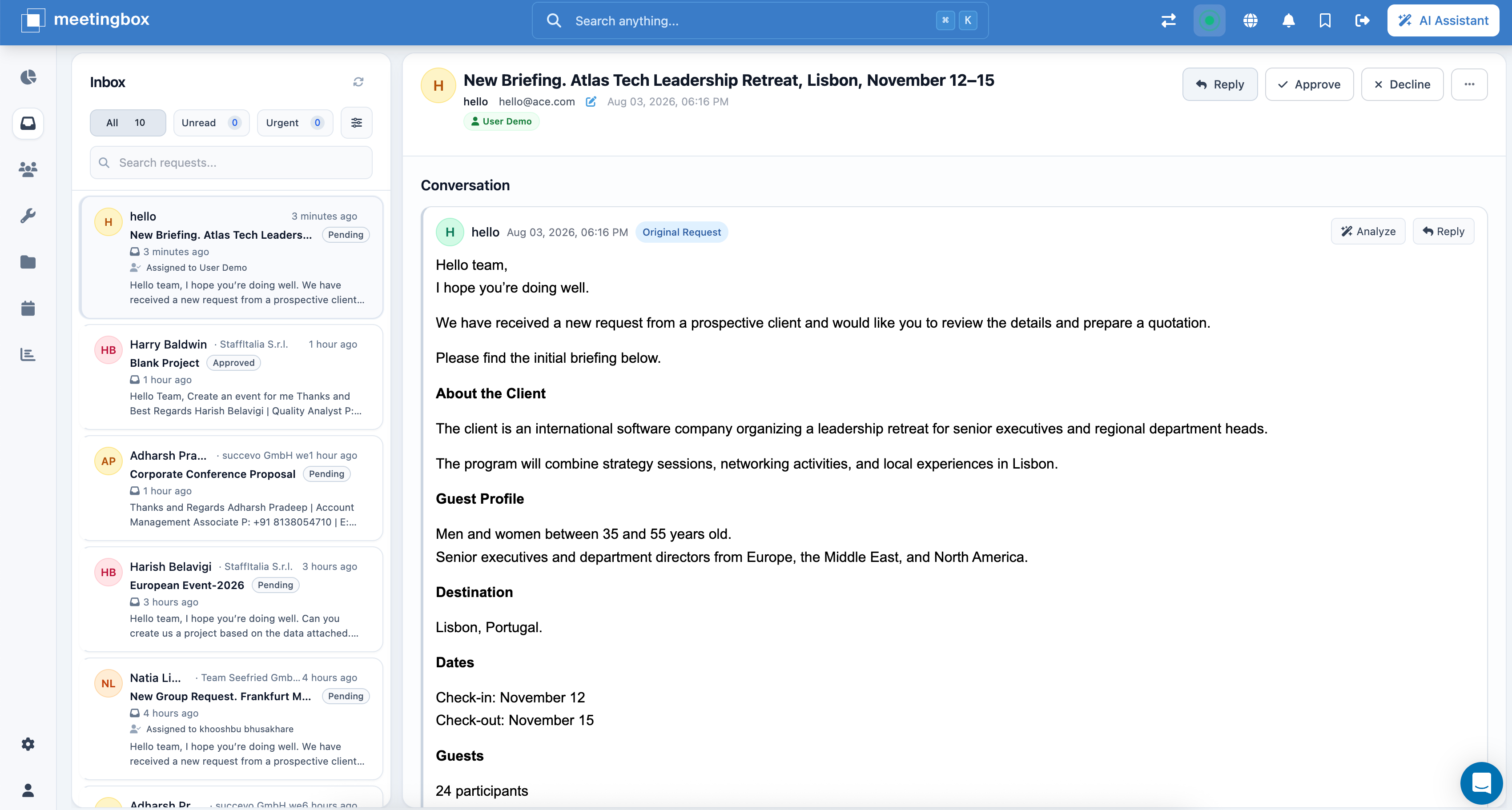 Incoming event brief in Meetingbox with client context, destination, dates, participants and request status