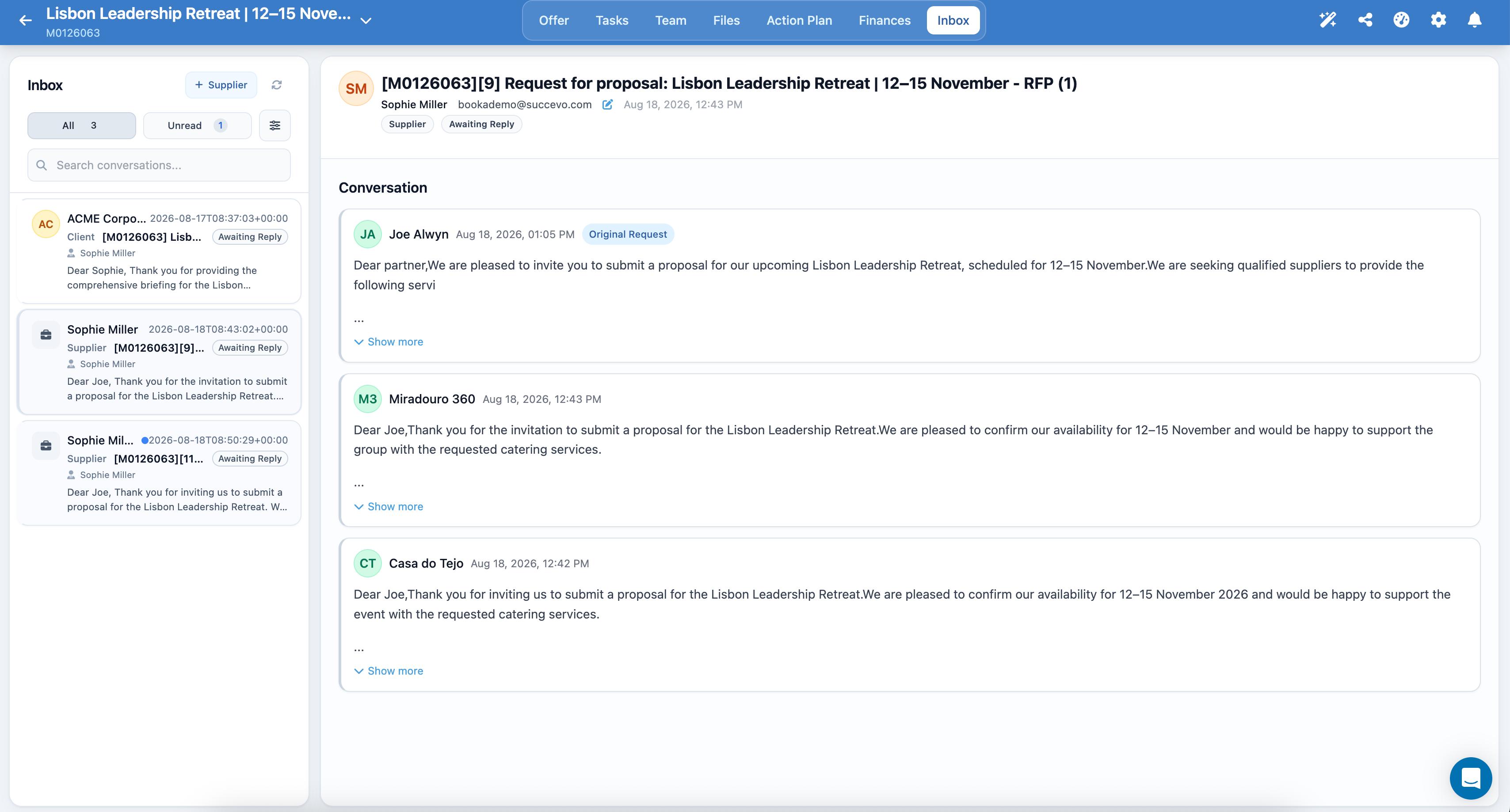 Project inbox showing client and supplier threads, request history and shared communication