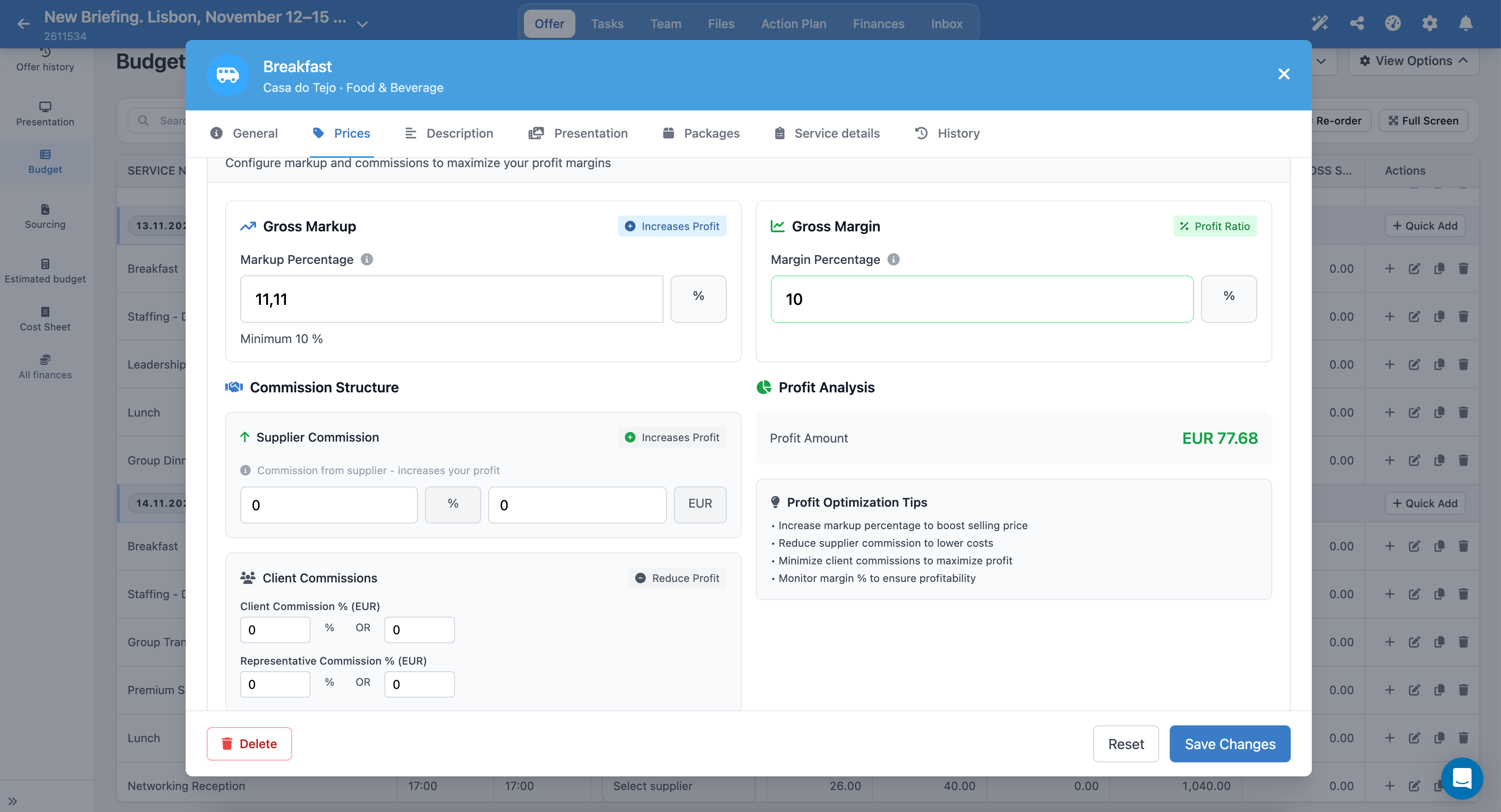 Service pricing, markup and margin controls