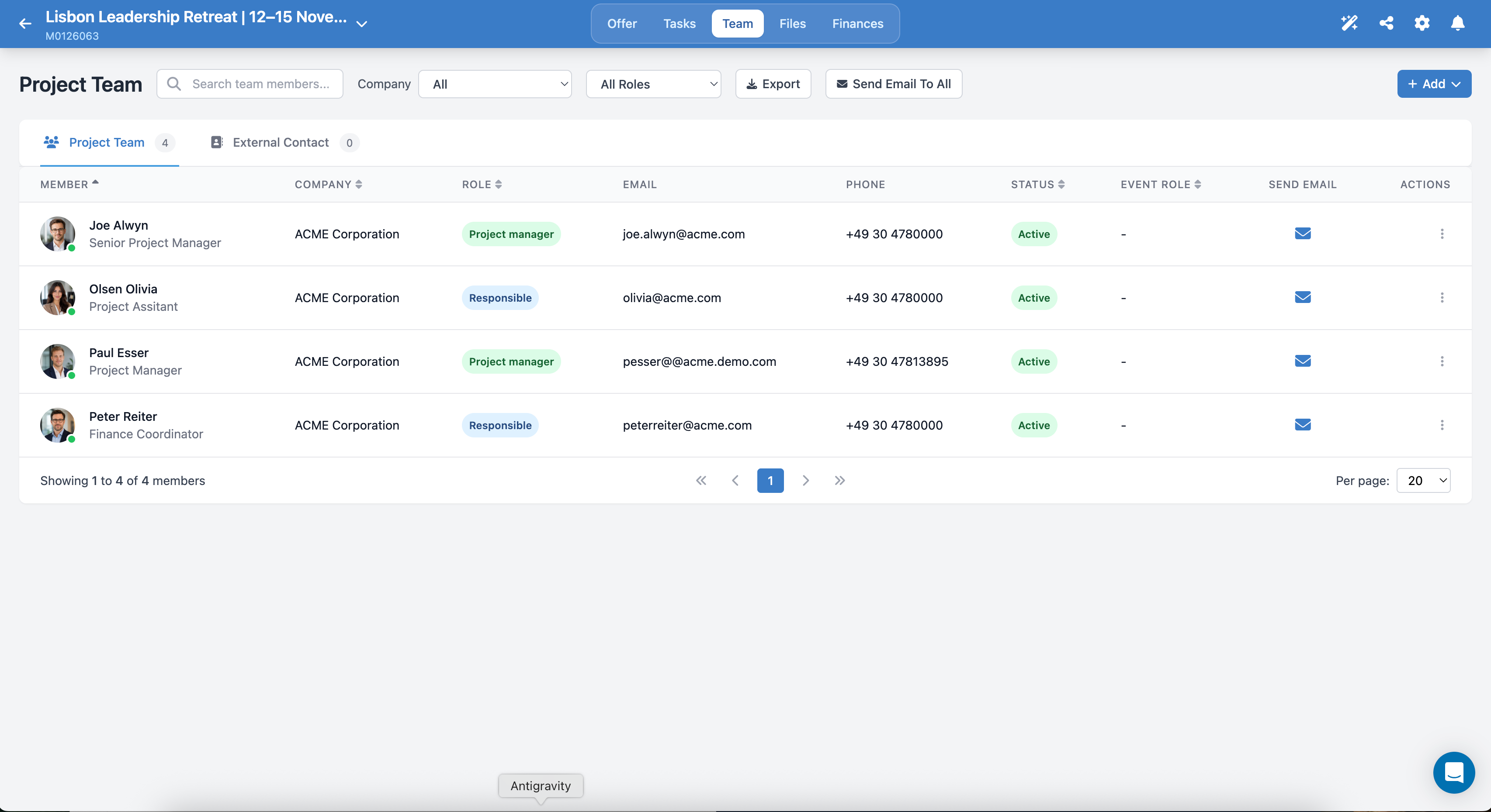 Meetingbox project team with internal and external contact views, named members, company, roles and active status