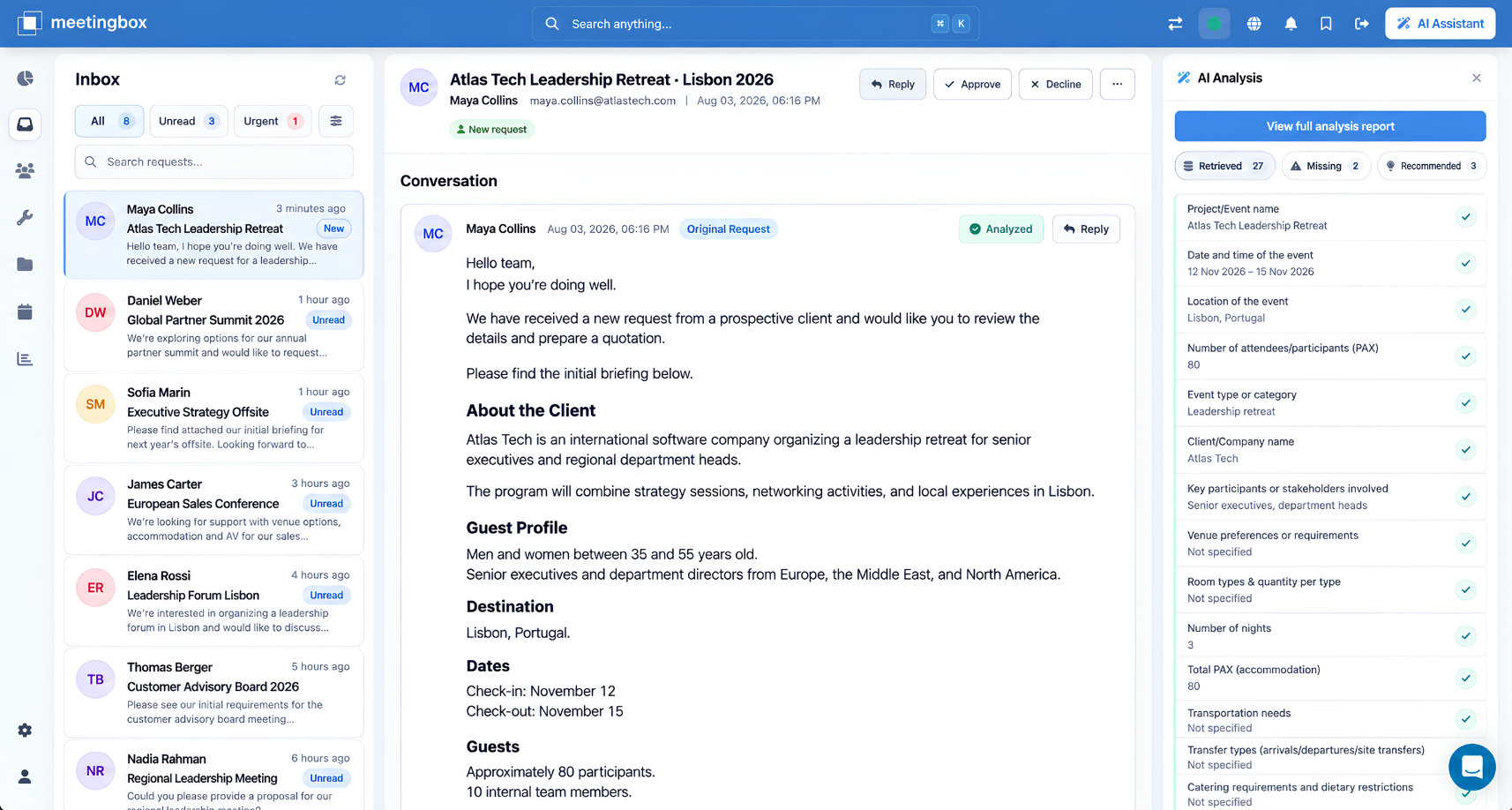 Meetingbox request inbox with an Atlas Tech event brief and AI Analysis showing extracted event details and missing information