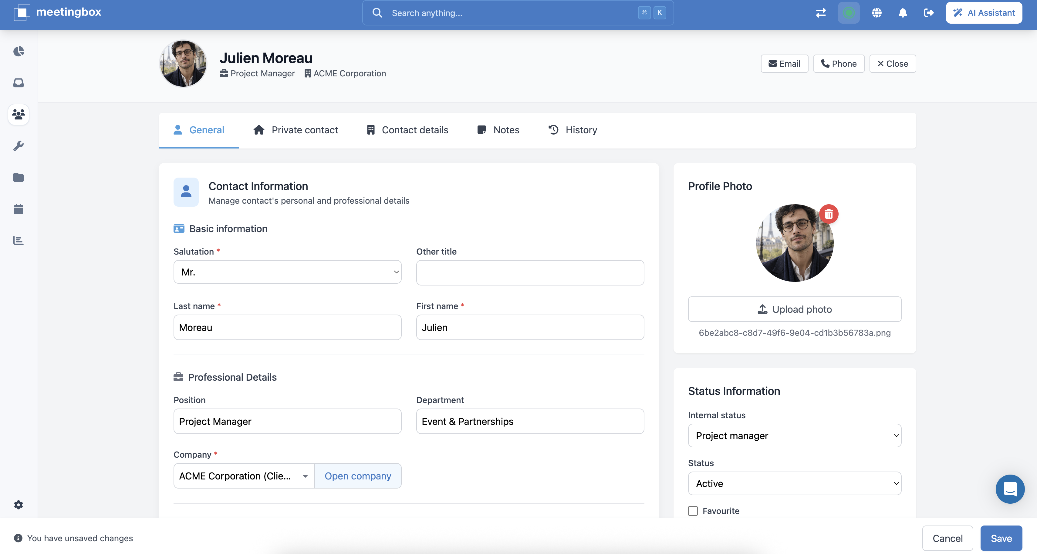 Contact record with role, company and relationship history