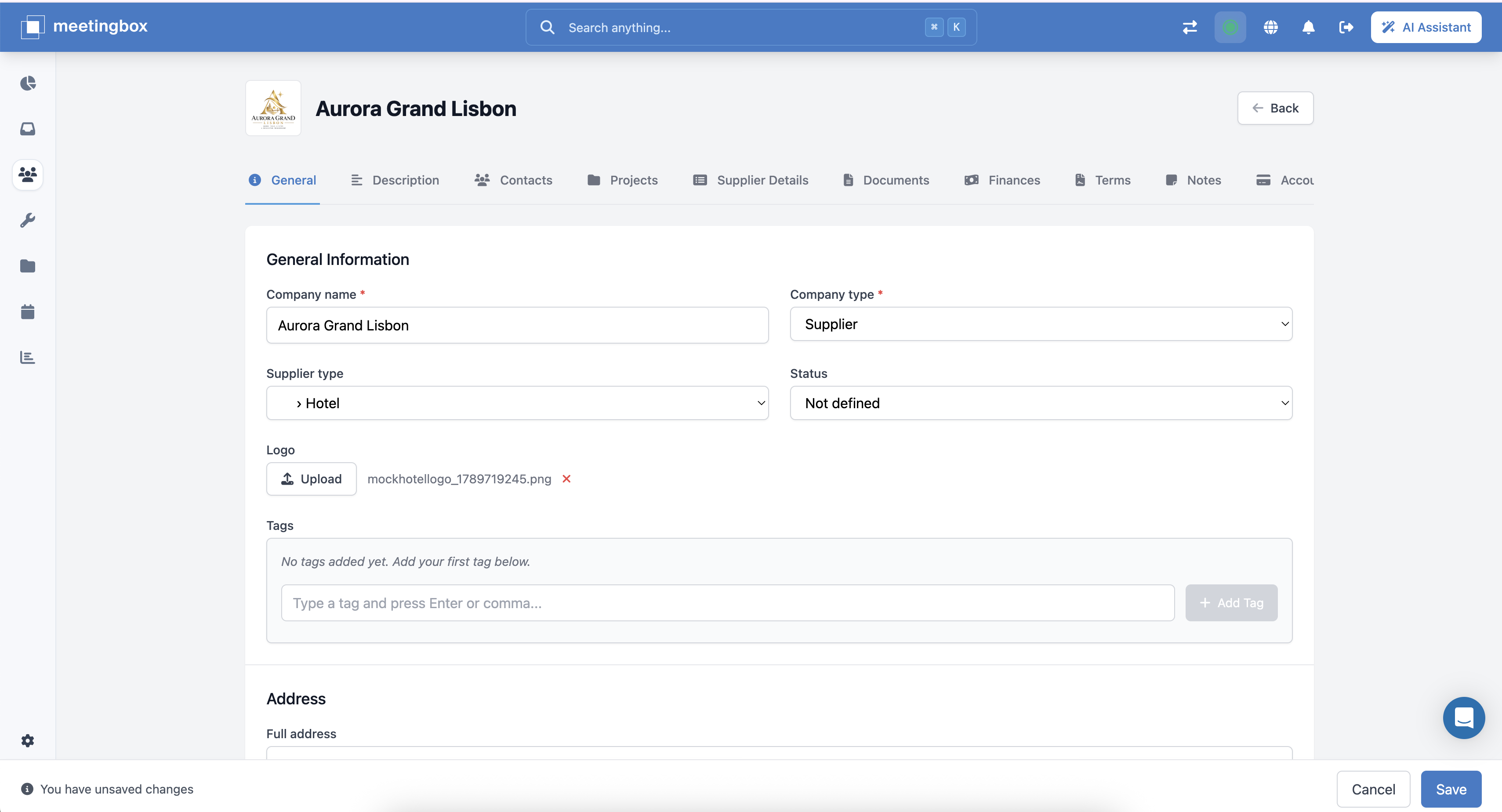 Company record with contacts, projects, documents and terms