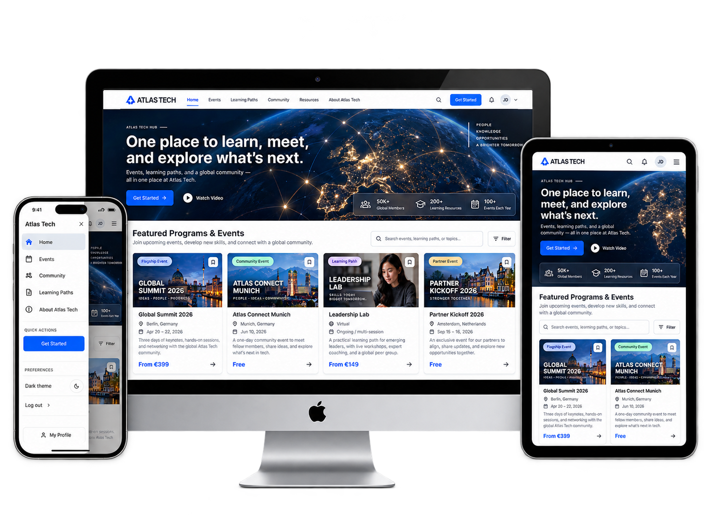 Beispiel eines Atlas Tech Event-Hubs auf Desktop, Tablet und Smartphone