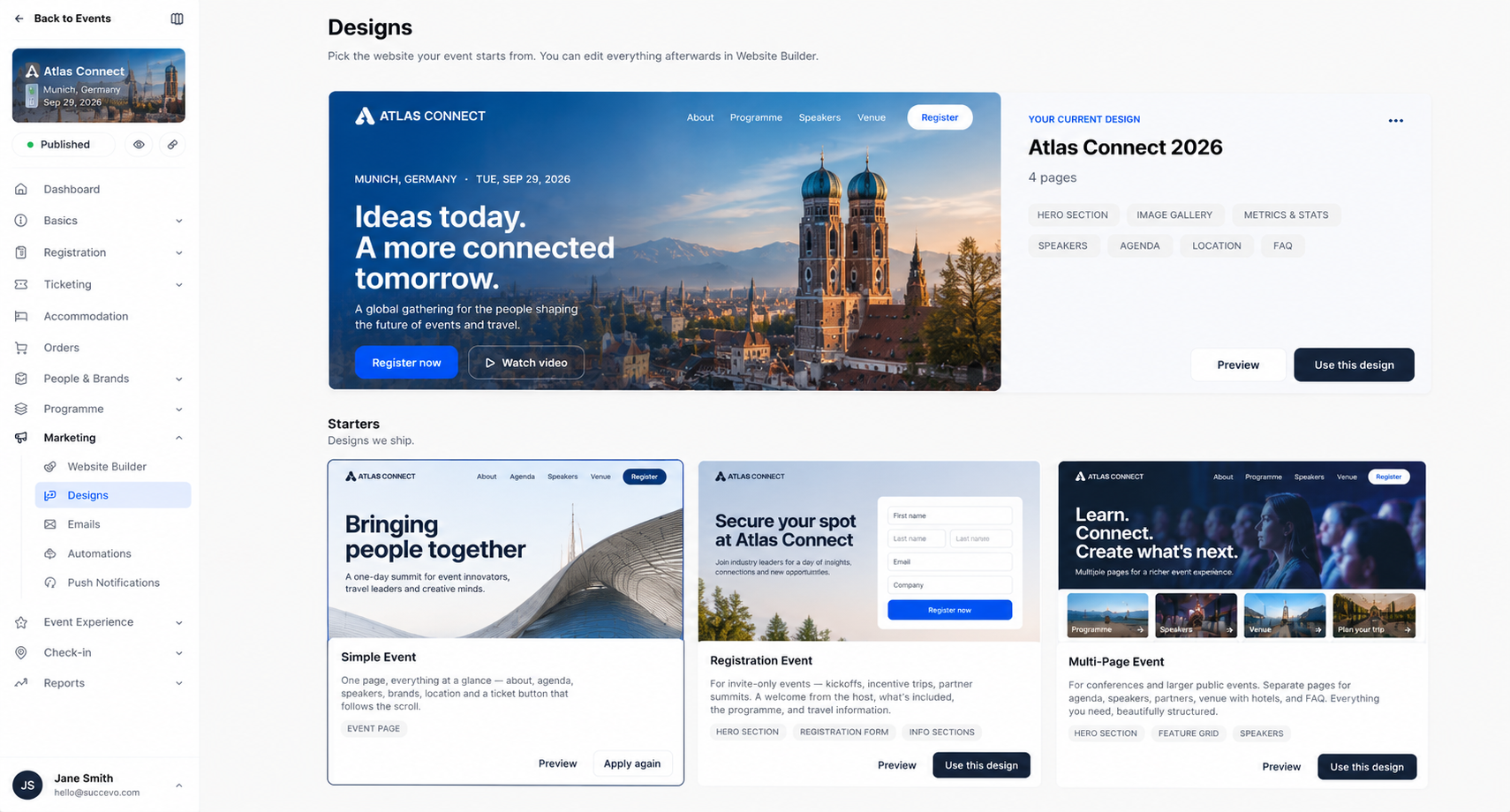 Editor und Vorschau einer Event-Website