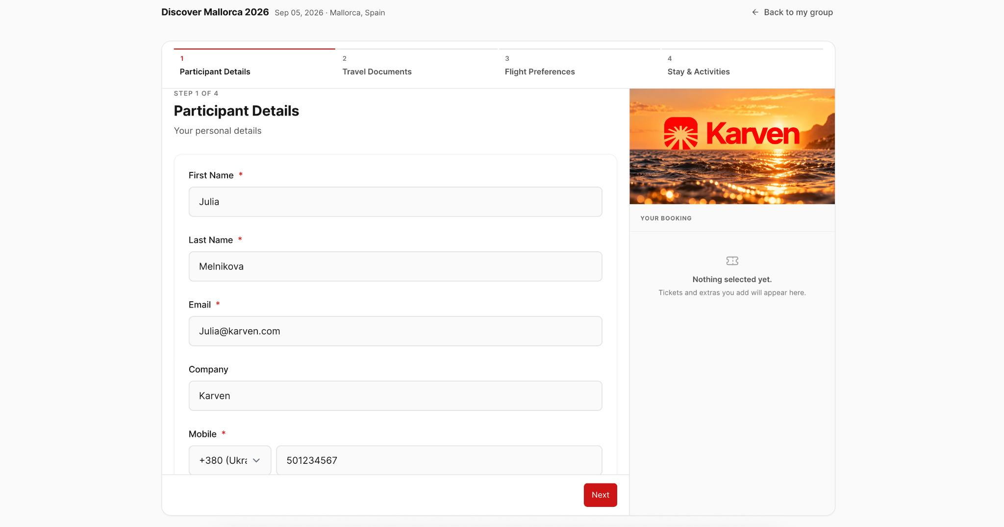 Group participant registration with steps for personal details, travel documents, flight preferences, stay and activities