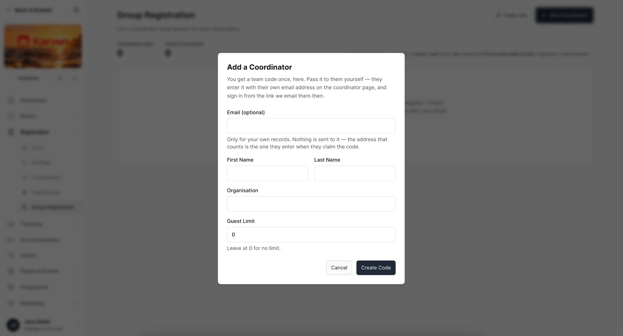 Meetingbox group coordinator setup showing name, organisation and guest-limit fields