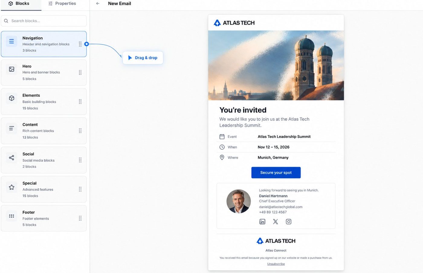 Current email builder with content blocks and a branded invitation preview