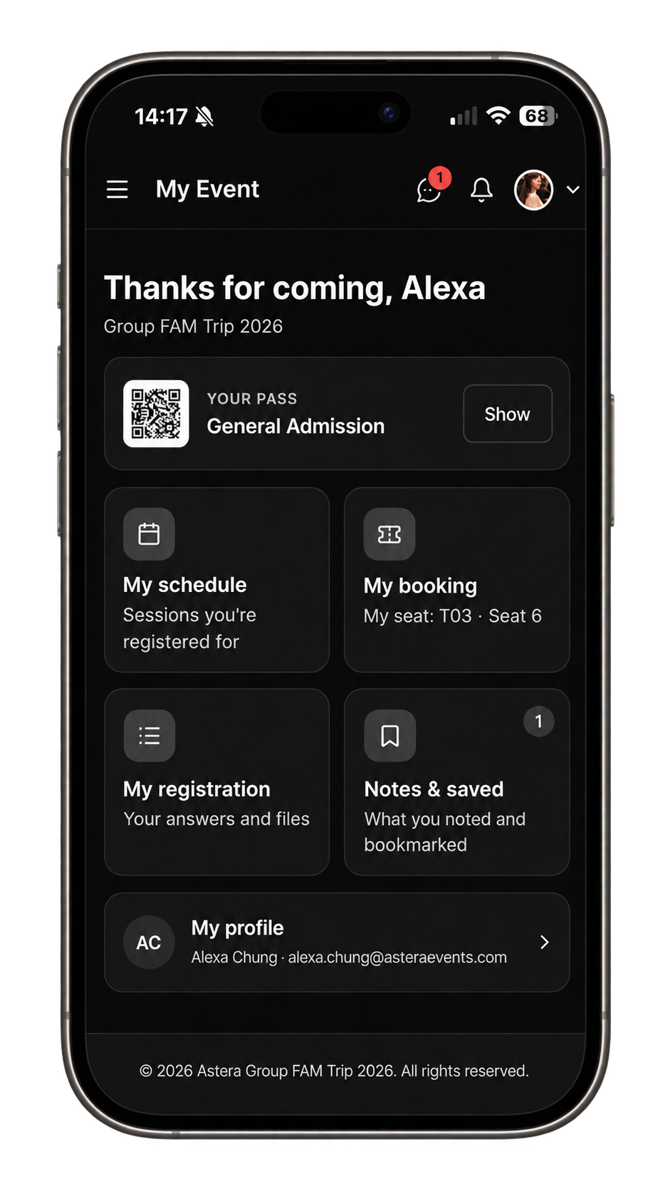 My-Event-Handyansicht mit QR-Pass, Programm, Buchung und Anmeldedaten